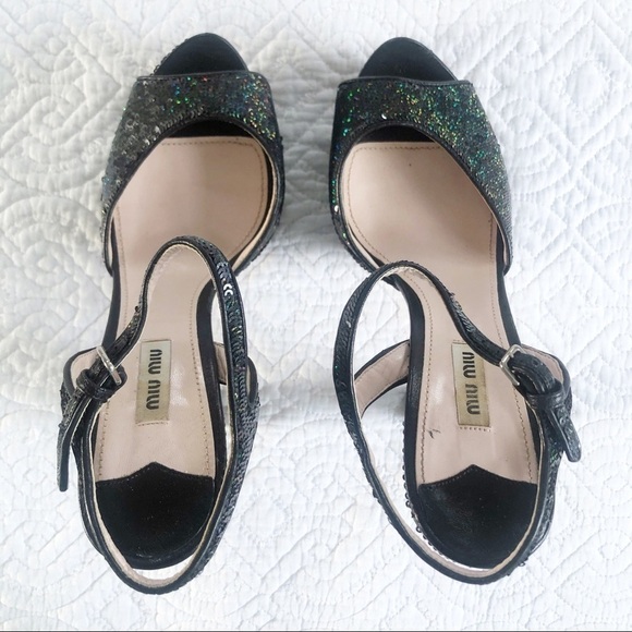 Miu Miu Black Sequined Glitter Platform Sandals 40.5 or Sz 10 - Picture 3 of 14